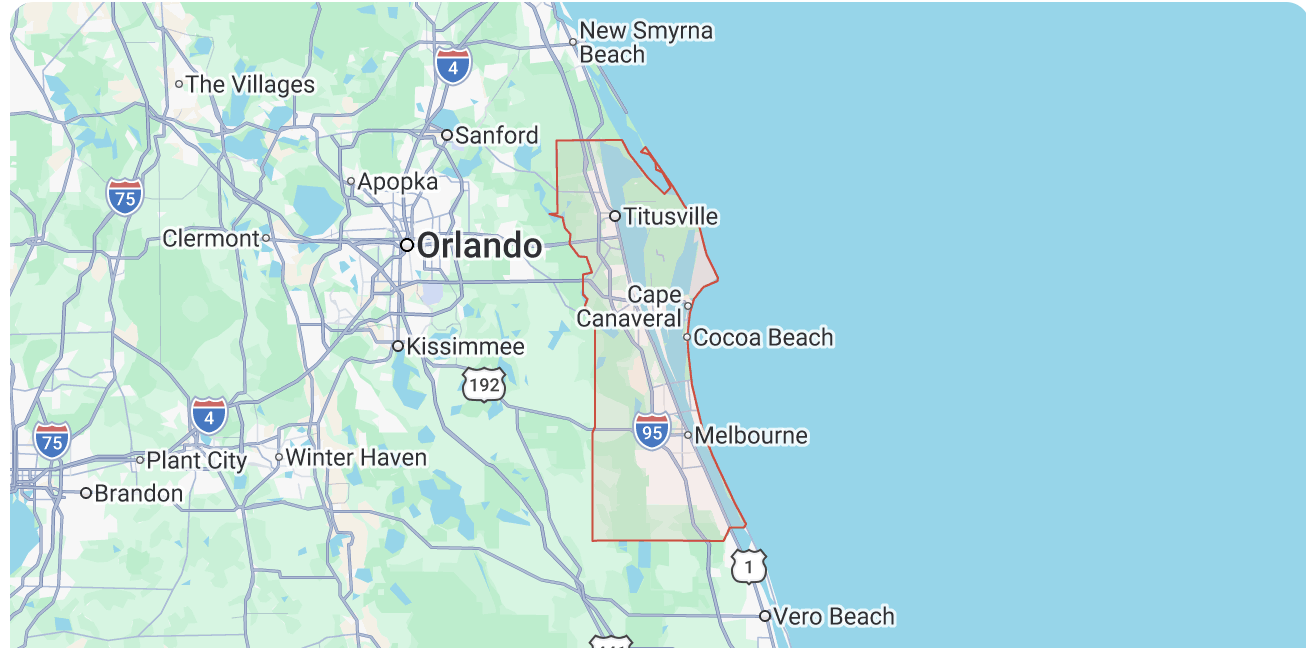 Demo Star Demolition service area map — Brevard County, Central Florida, and the Greater Orlando Region Florida